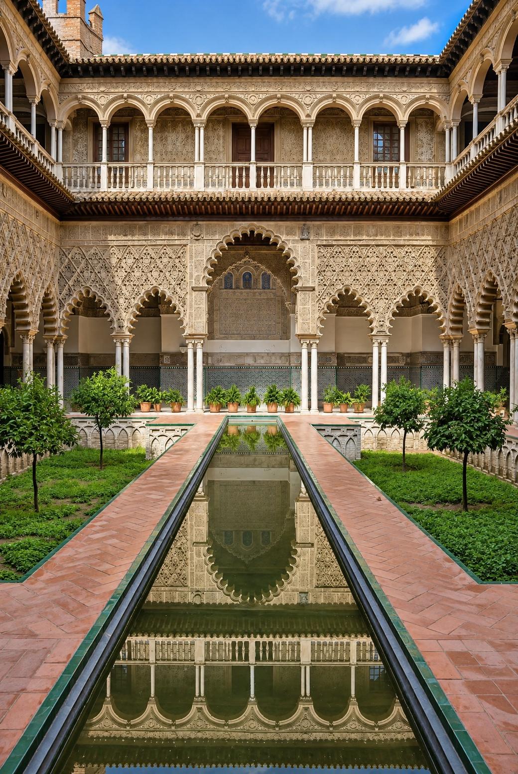 The Courtyard of the Maidens in the Real Alcázar with its central pool