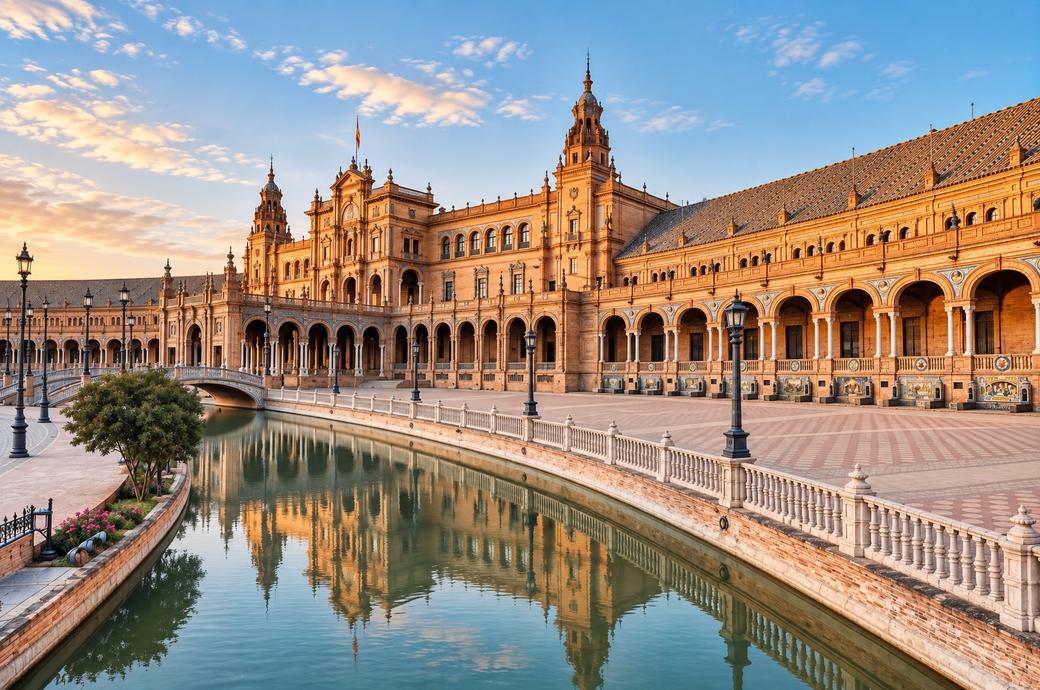 Canal y puente de la Plaza de España con el edificio curvo al fondo