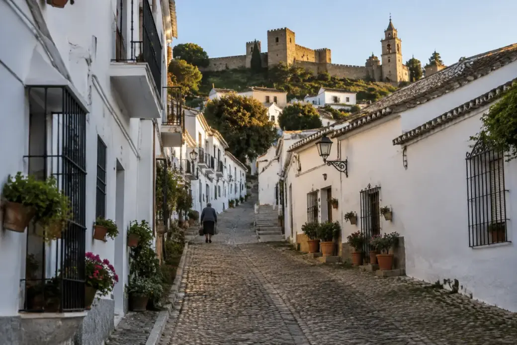 Calle empedrada de casas blancas en Aracena con el castillo en lo alto