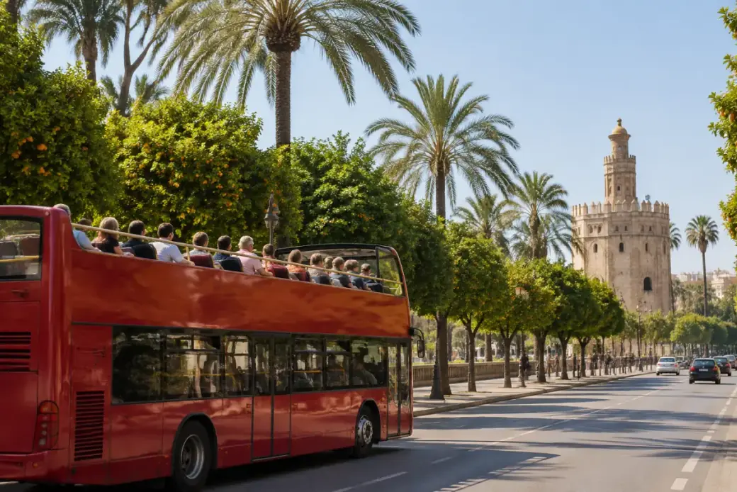 Autobús panorámico por una avenida arbolada de Sevilla cerca de la Torre del Oro