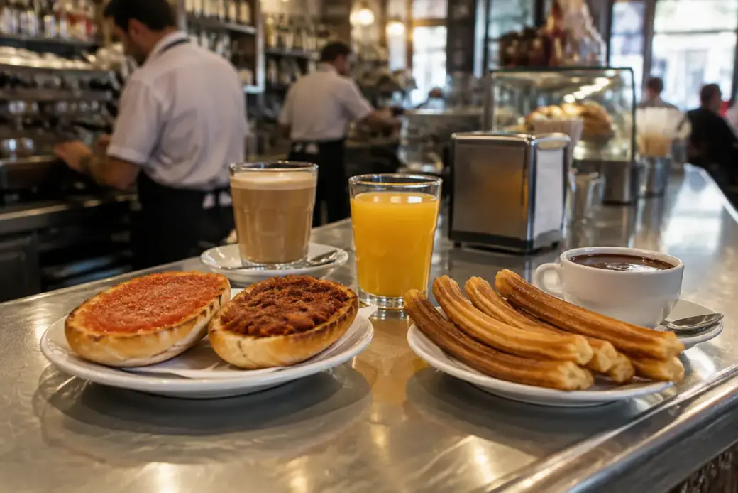 Desayuno sevillano en la barra: tostada con tomate, manteca colorá, café y churros