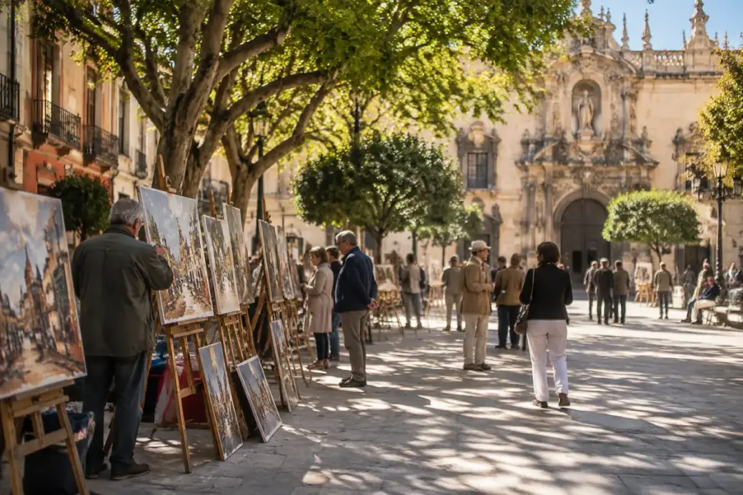 Mercadillo de pintura bajo los árboles de la plaza del Museo un domingo por la mañana
