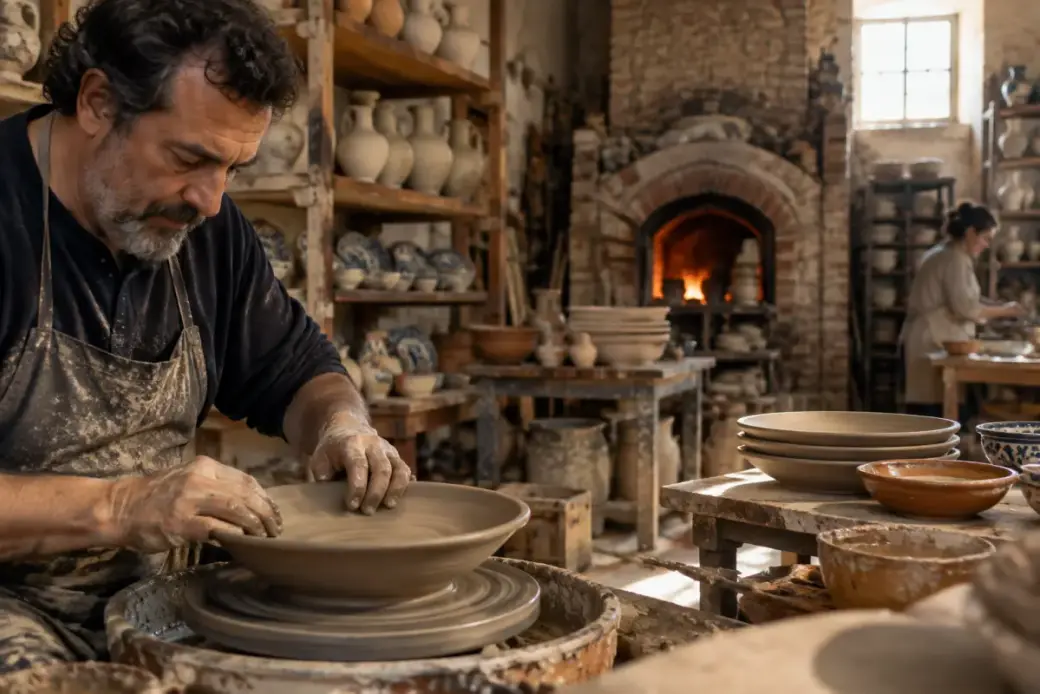 Alfarero trabajando en el torno en un taller de cerámica de Triana