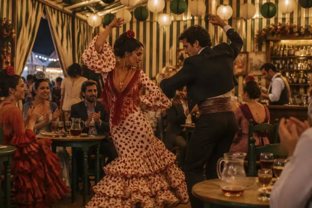 Pareja bailando sevillanas dentro de una caseta de la Feria