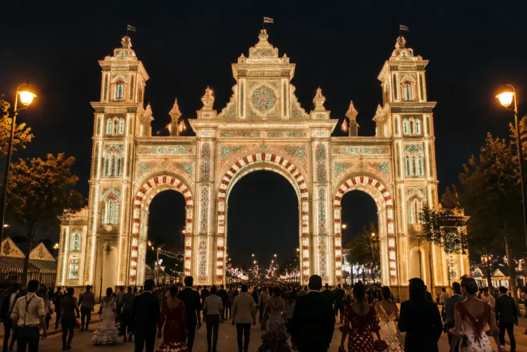 Portada iluminada de la Feria de Abril por la noche