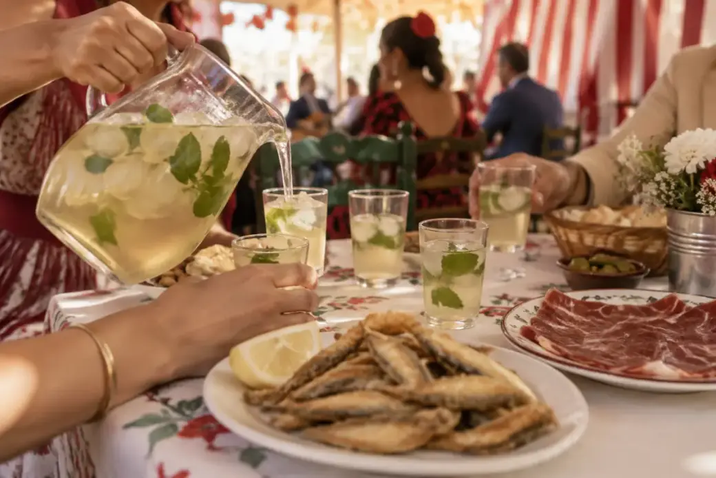 Jarra de rebujito, pescaíto frito y jamón en una caseta de la Feria