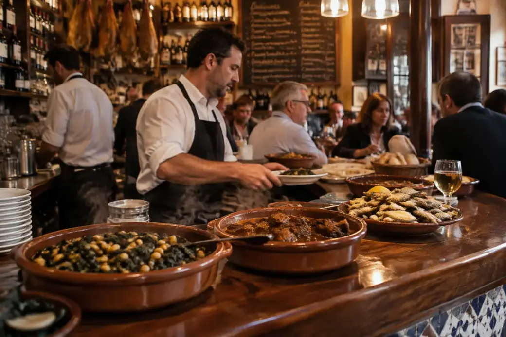 Guisos del día y pescaíto en la barra de un bar tradicional sevillano