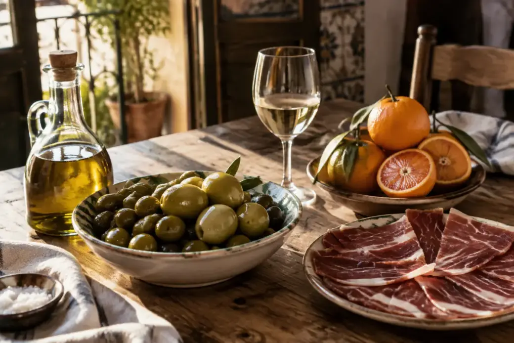 Aceite de oliva, aceitunas, jamón ibérico, naranjas amargas y manzanilla