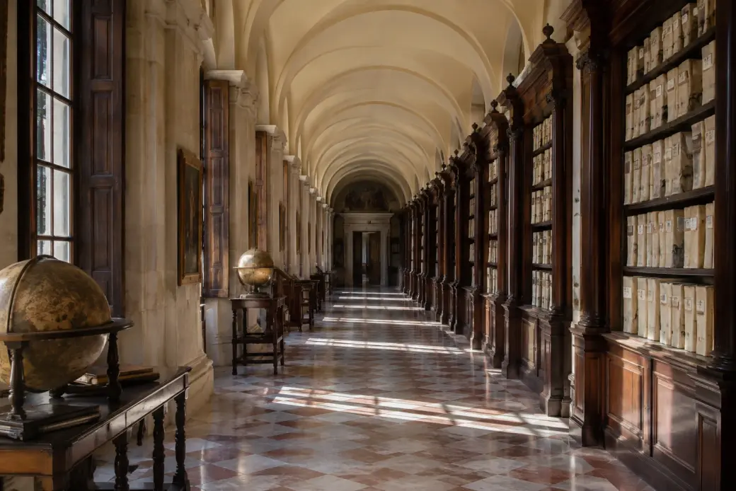 Galería del Archivo de Indias con estanterías de madera y suelo de mármol