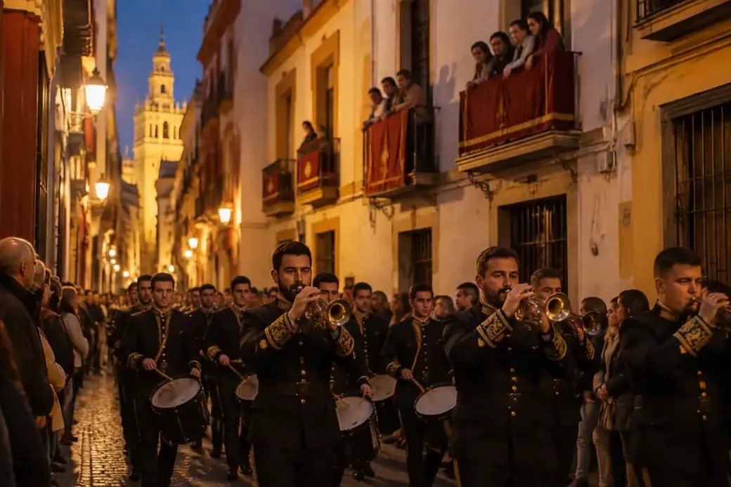 Banda de cornetas y tambores tocando por una calle de Sevilla