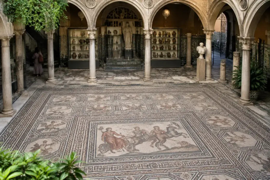 Mosaico romano en el suelo de un patio palaciego sevillano, de inspiración en el Palacio de Lebrija