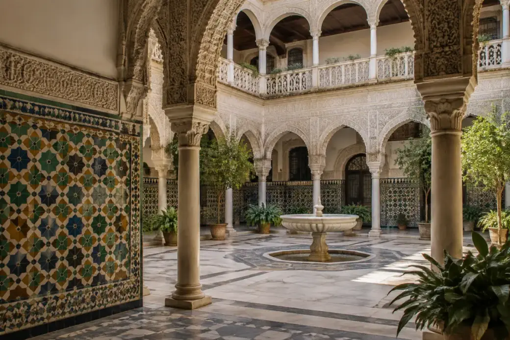 Patio renacentista y mudéjar con yeserías, balaustrada gótica y azulejos, de inspiración en la Casa de Pilatos