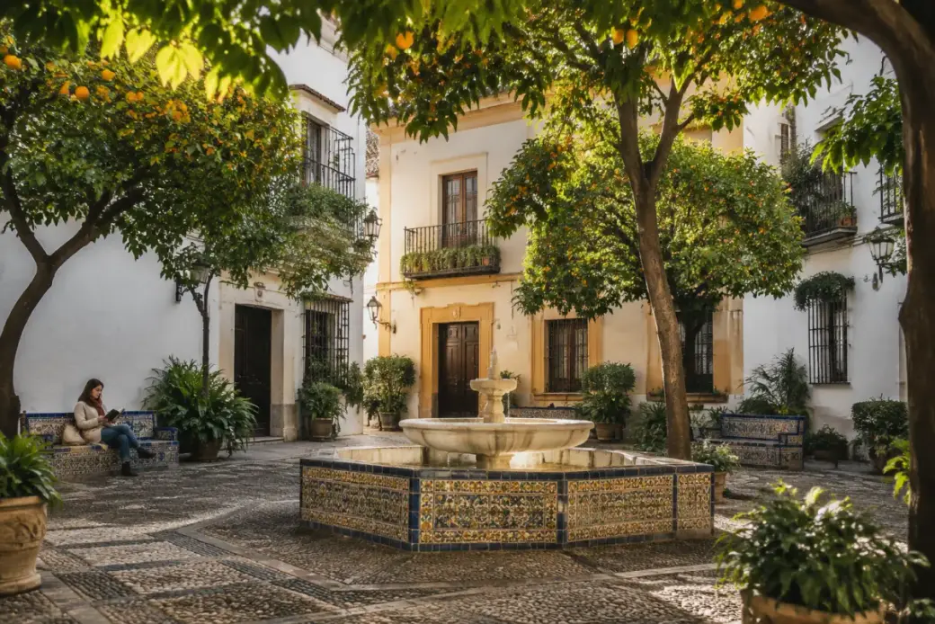 Pequeña plaza de la judería con naranjos, fuente y bancos de azulejos