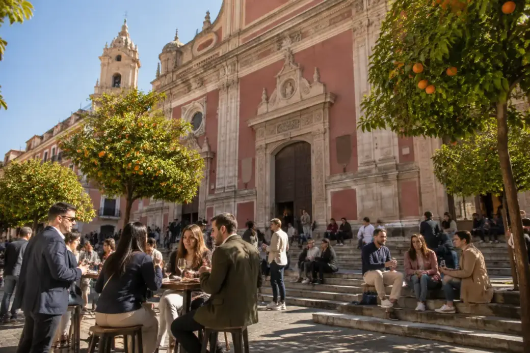 Sevillanos tomando algo a mediodía frente a la iglesia del Salvador