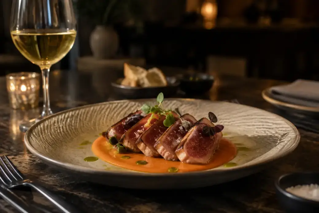 Plato de cocina andaluza contemporánea con atún y salmorejo