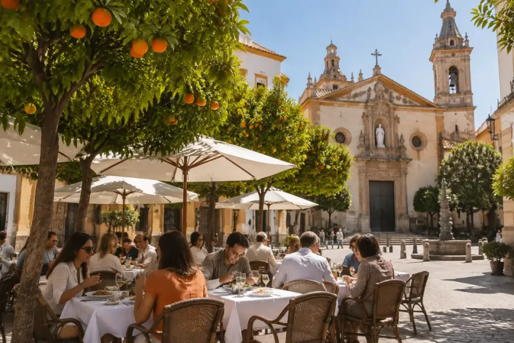 Terraza de restaurante bajo los naranjos de una plaza del centro de Sevilla