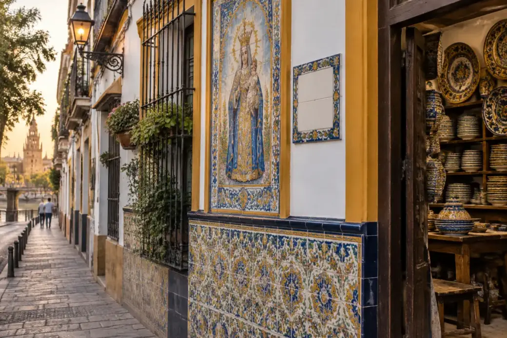 Fachada de azulejos y taller de cerámica en una calle de Triana