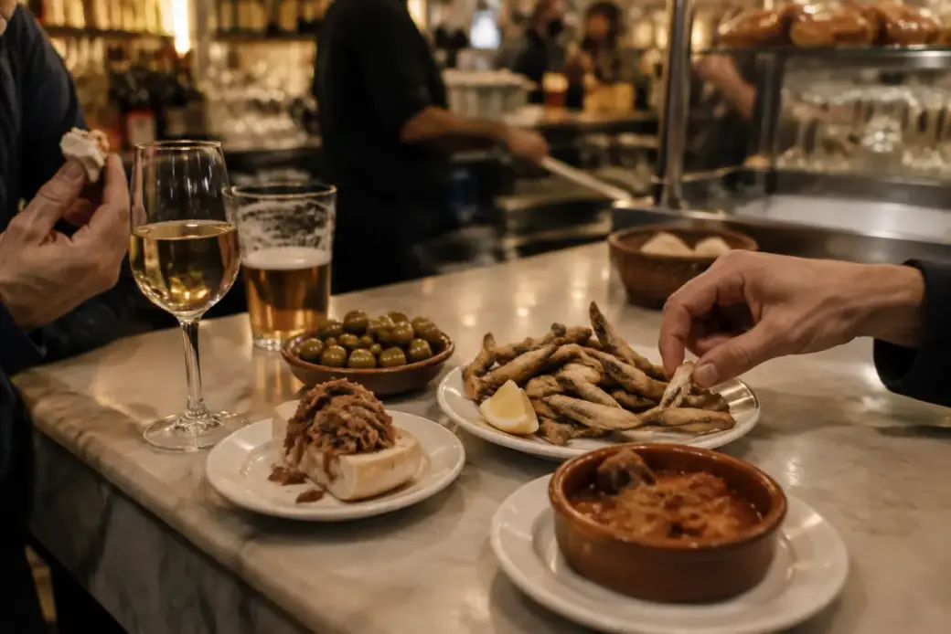 Tapas y fino compartidos en la barra de un bar de Triana por la noche