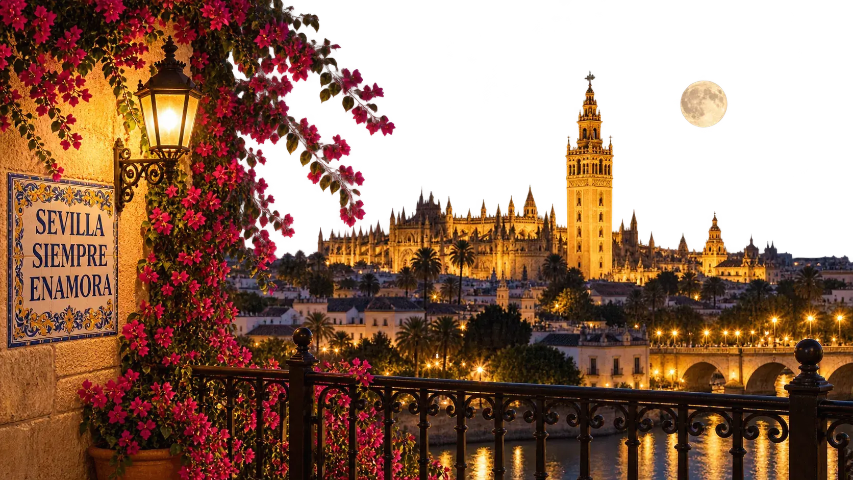 Balcón sevillano con buganvillas y la Giralda iluminada al fondo