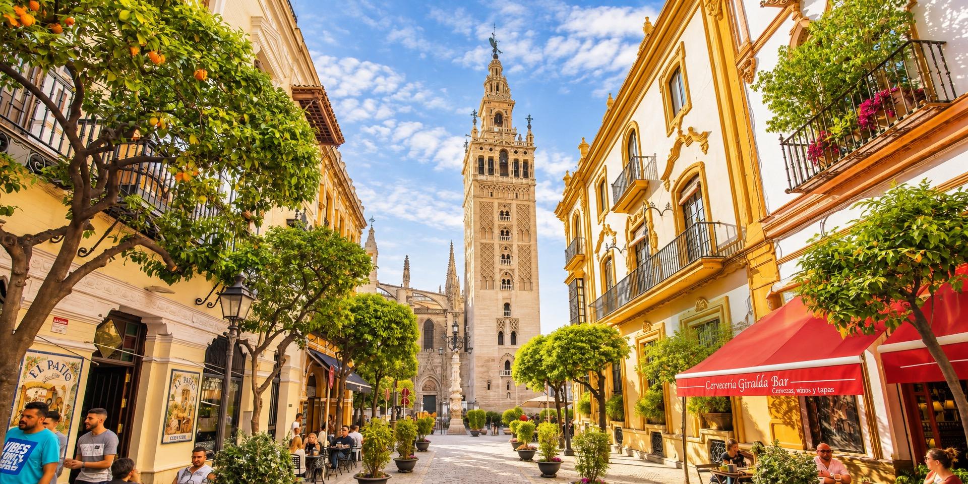 Via con aranci e tavolini all’aperto che sbocca sulla Giralda, accanto al quartiere di Santa Cruz