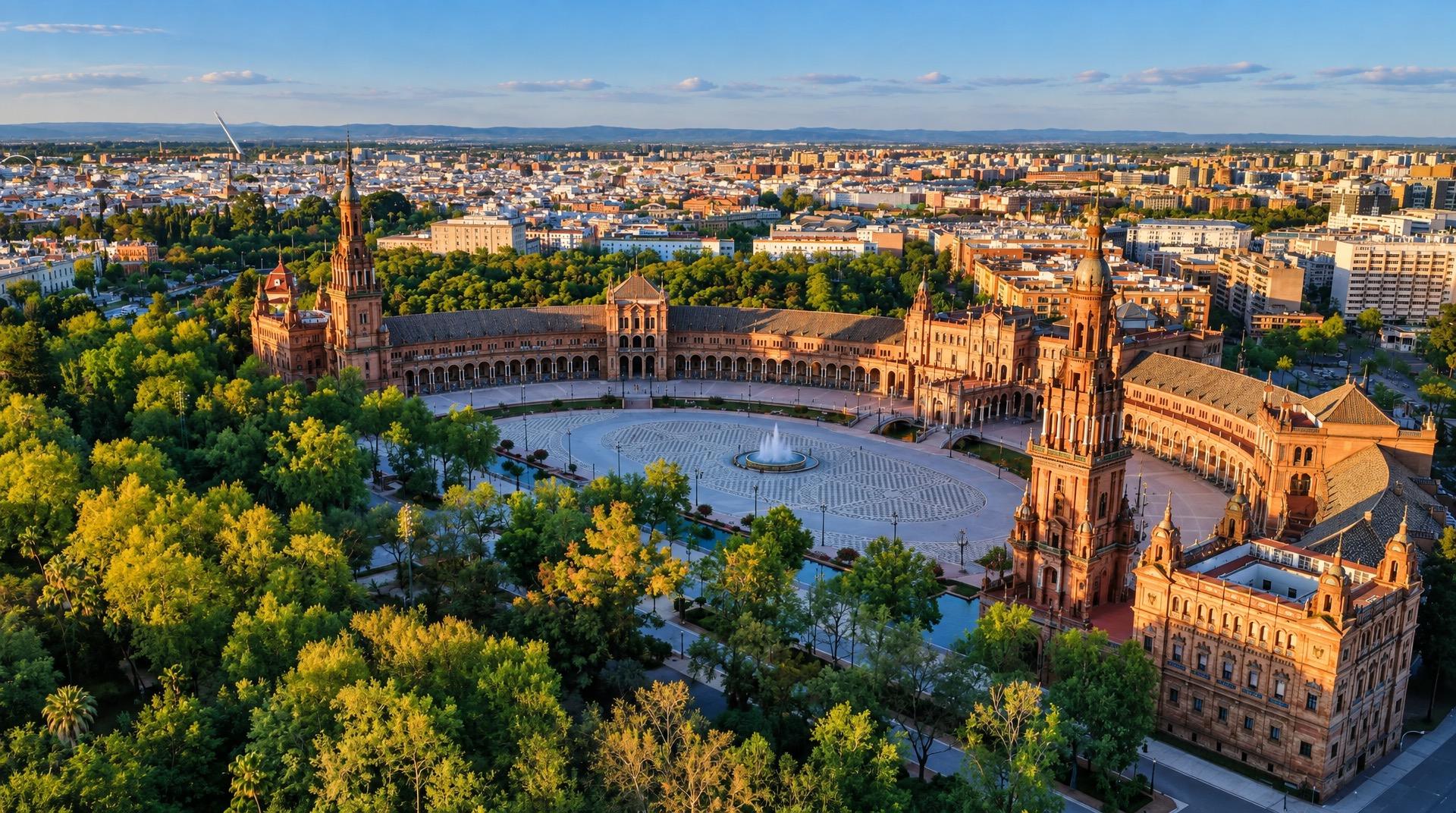 Aerial view of Plaza de España and María Luisa Park