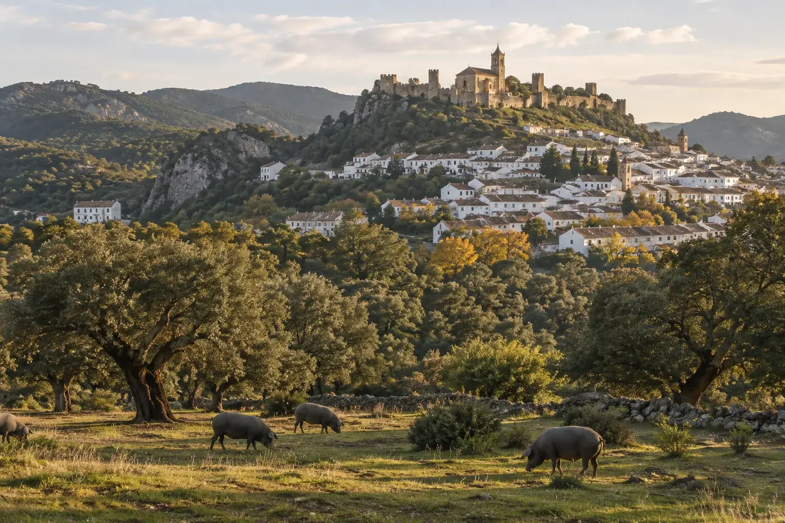 Cerdos ibéricos en la dehesa con Aracena y su castillo al fondo, en la sierra de Huelva
