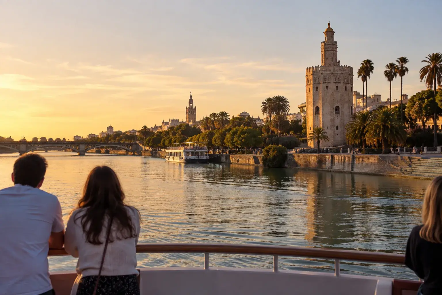 Vista desde la cubierta de un barco en el Guadalquivir con la Torre del Oro al atardecer