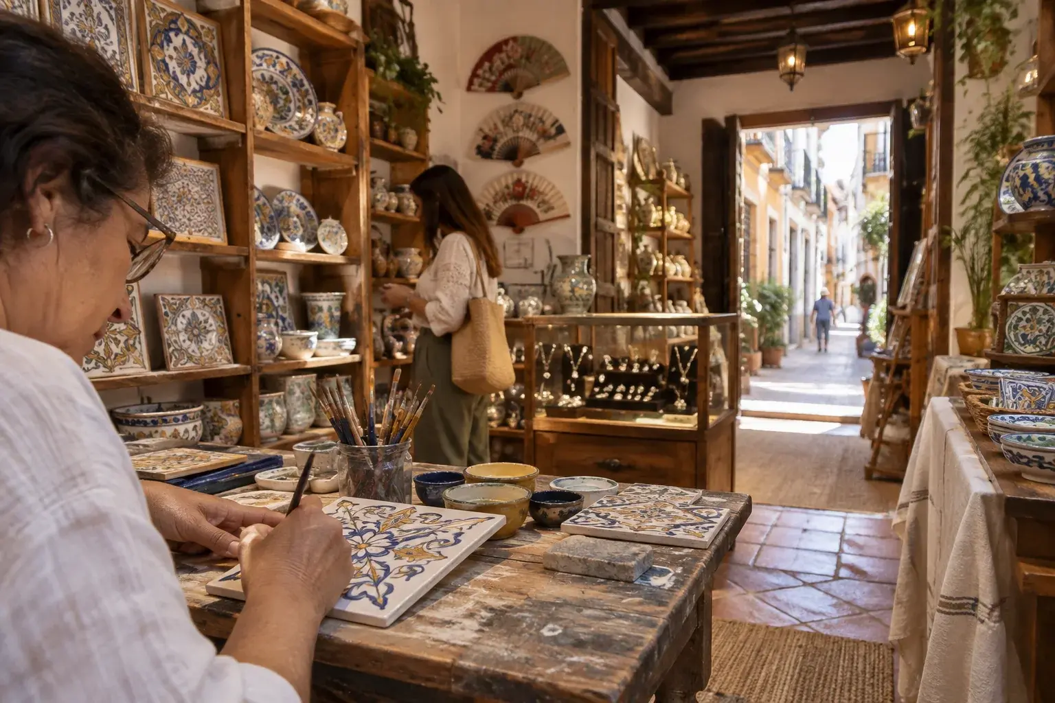 Artesana pintando un azulejo en un pequeño taller-tienda de cerámica y joyería artesanal de Sevilla