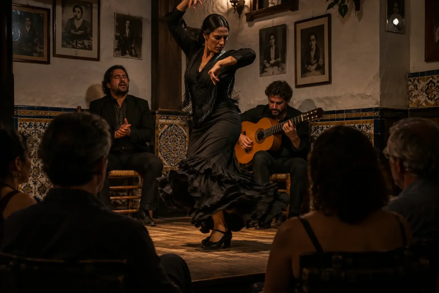 Bailaora, guitarrista y cantaor en un pequeño espacio flamenco de Triana, a un metro del público