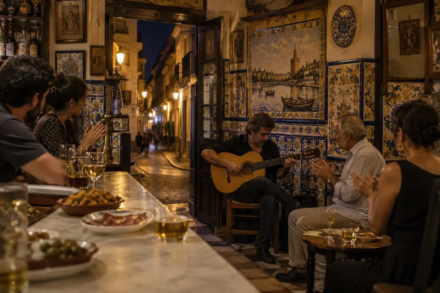 Barra de un bar de Triana con tapas, azulejos y un guitarrista flamenco tocando de noche