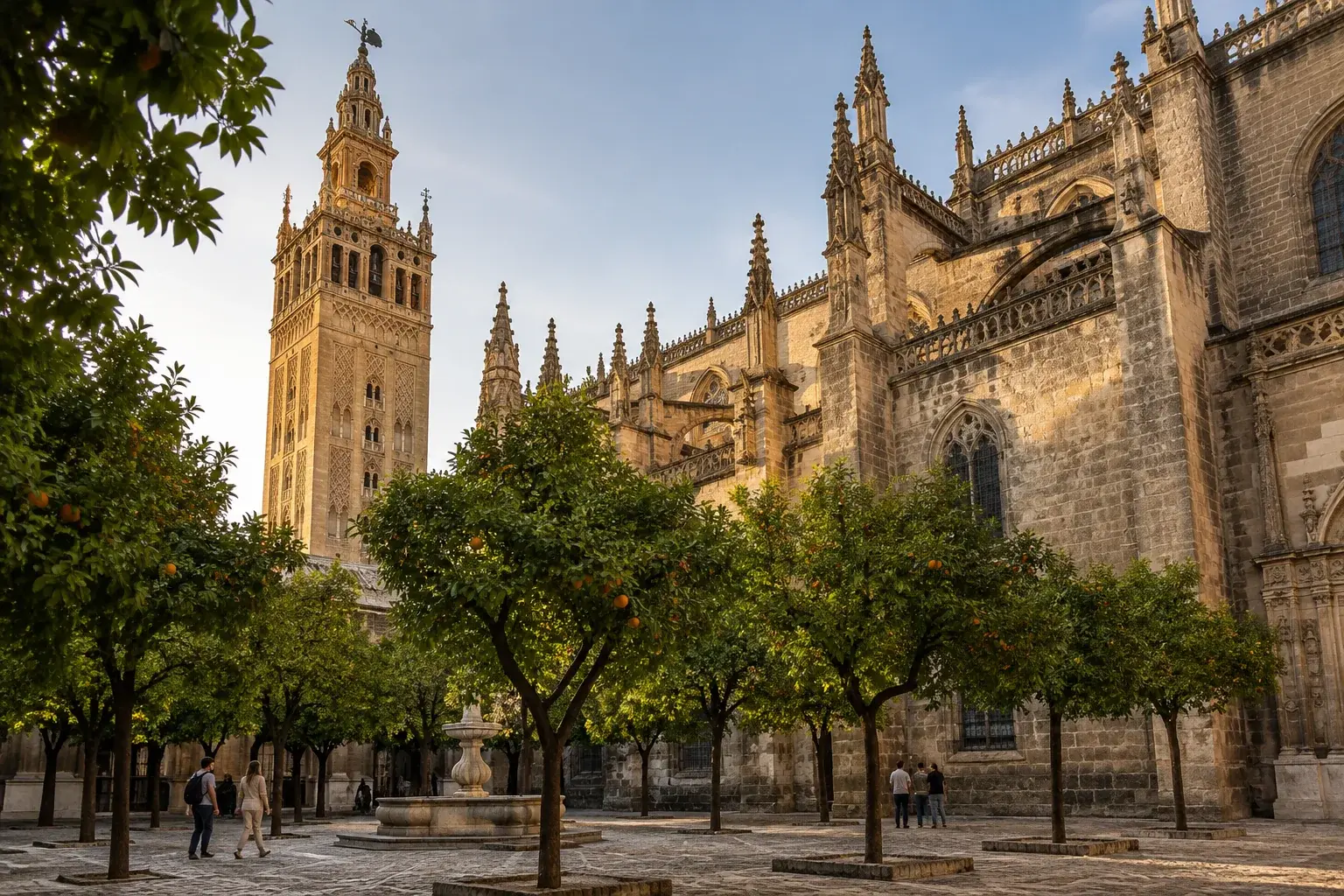 Patio de los Naranjos y Giralda: el patio almohade, el alminar con su campanario renacentista y los muros góticos de la Catedral