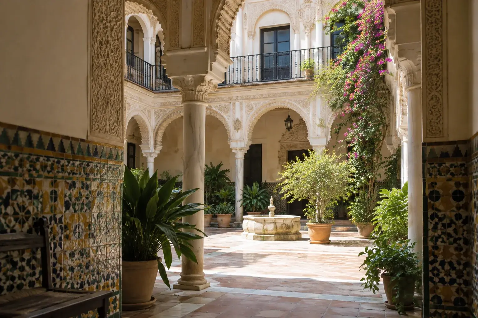 Patio de inspiración palaciega sevillana con columnas de mármol, arcos y azulejos, para la Ruta de los Palacios de Sevilla