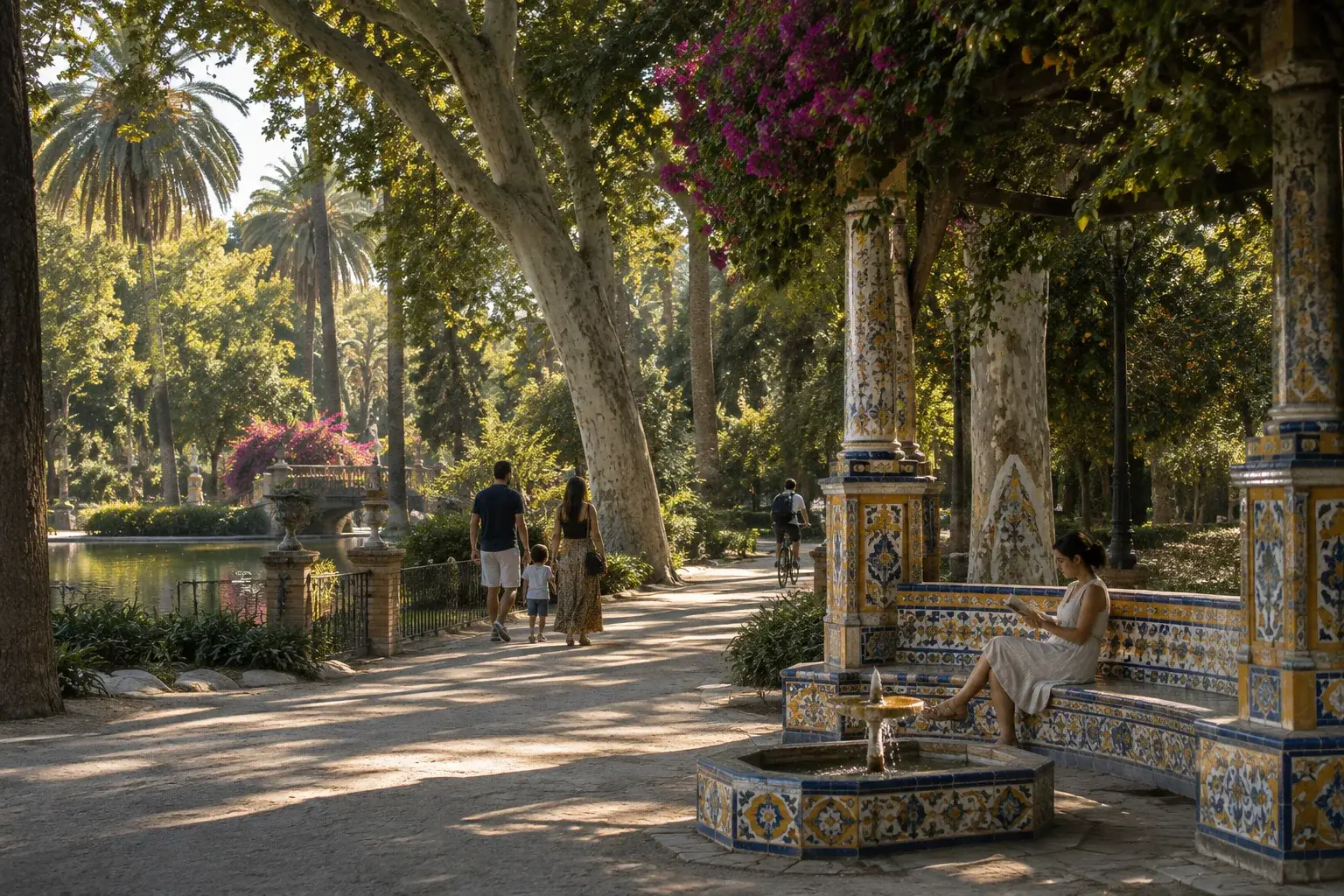 Glorieta de azulejos, sendero en sombra y palmeras en el parque de María Luisa de Sevilla