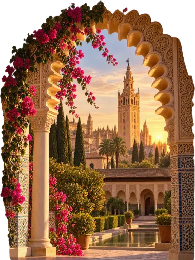 Arco palaciego con vistas a la Giralda al atardecer
