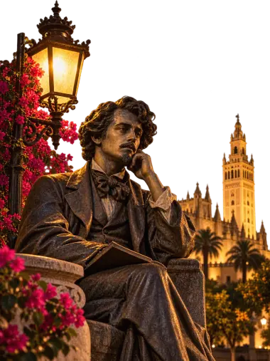 Estatua de un poeta sentado junto a un farol y buganvillas