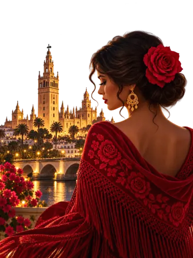 Mujer con mantón rojo y rosa en el pelo frente al río de noche