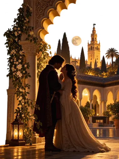 Pareja bajo unos arcos iluminados por faroles