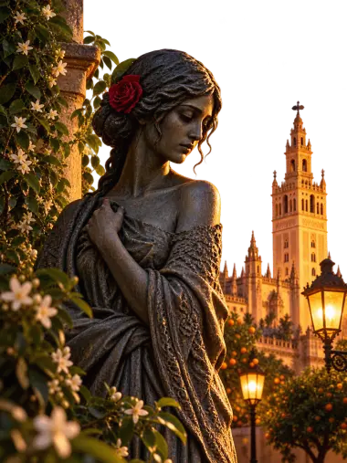Estatua femenina entre jazmines, con Sevilla iluminada al fondo