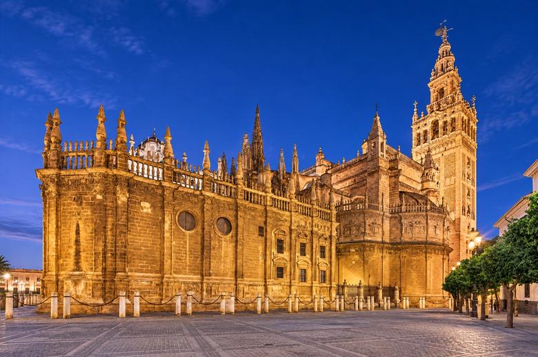 Seville Cathedral lit up at blue hour