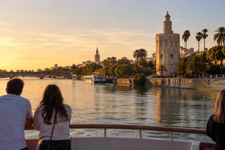 Vista desde la cubierta de un barco en el Guadalquivir con la Torre del Oro al atardecer