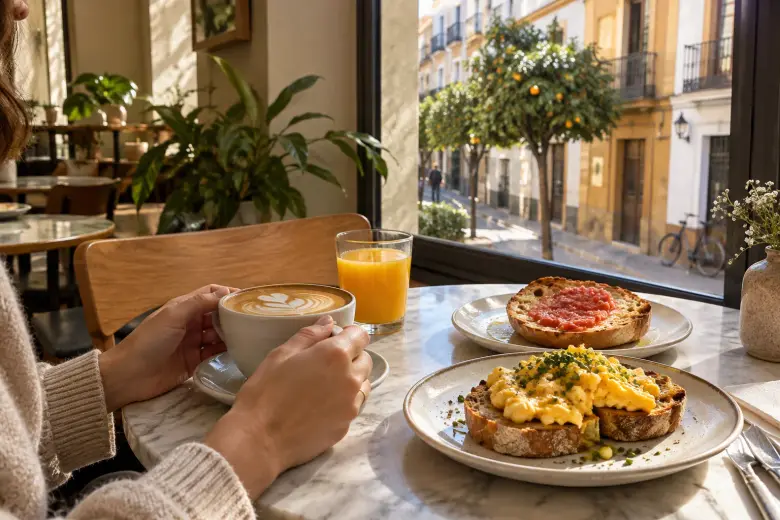 Café con leche, zumo de naranja, tostada con tomate y huevos junto a una ventana que da a una calle sevillana con naranjos