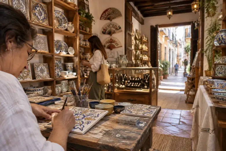 Artesana pintando un azulejo en un pequeño taller-tienda de cerámica y joyería artesanal de Sevilla