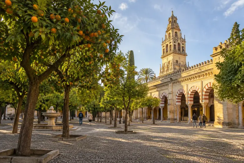Naranjos y arcos de dovelas rojas y blancas en el Patio de los Naranjos de la Mezquita-Catedral de Córdoba, con la torre al fondo