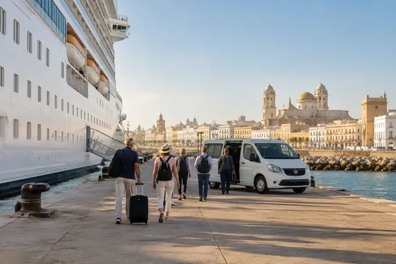 Cruise passengers on the quay at the port of Cádiz with the old town behind