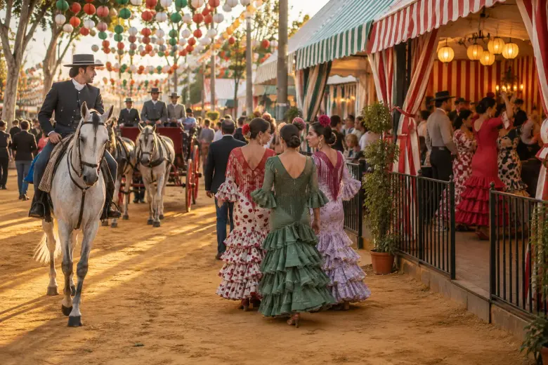 Calle del Real de la Feria de Abril con casetas, farolillos, trajes de flamenca y un jinete al atardecer