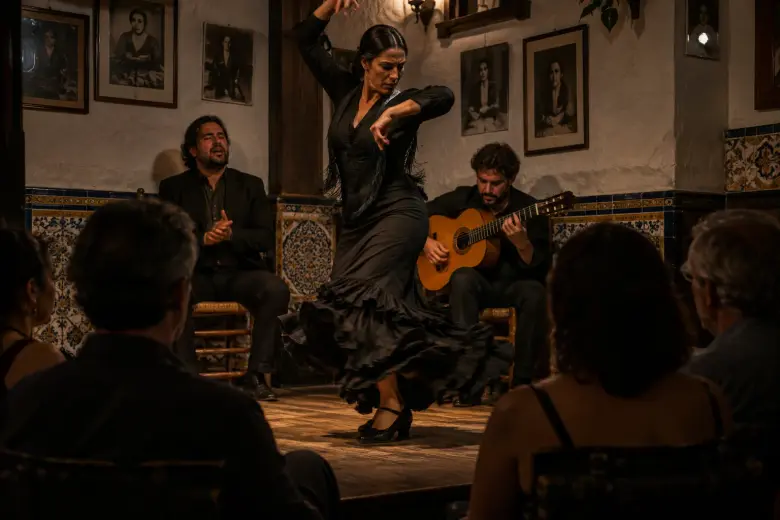 Bailaora, guitarrista y cantaor en un pequeño espacio flamenco de Triana, a un metro del público