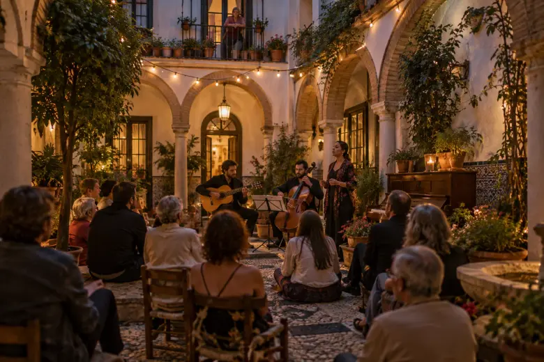 Guitarrista flamenco, chelista y cantante en un concierto íntimo en un patio sevillano al anochecer