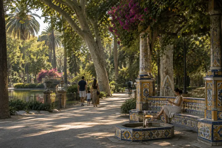 Glorieta de azulejos, sendero en sombra y palmeras en el parque de María Luisa de Sevilla