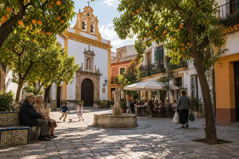 Plaza del casco antiguo de Sevilla con naranjos, fuente, iglesia y vecinos en los bancos y la terraza