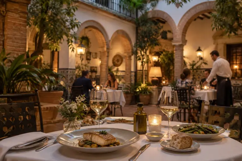 Mesa con pescado, verduras y vino blanco en el comedor de un restaurante instalado en un patio sevillano